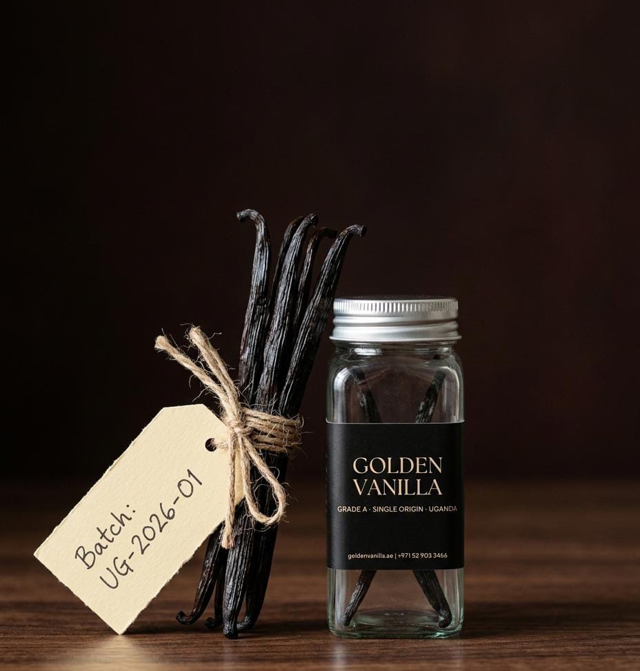 Golden Vanilla glass jar with Grade A vanilla pods and handwritten batch tag UG-2026-01
