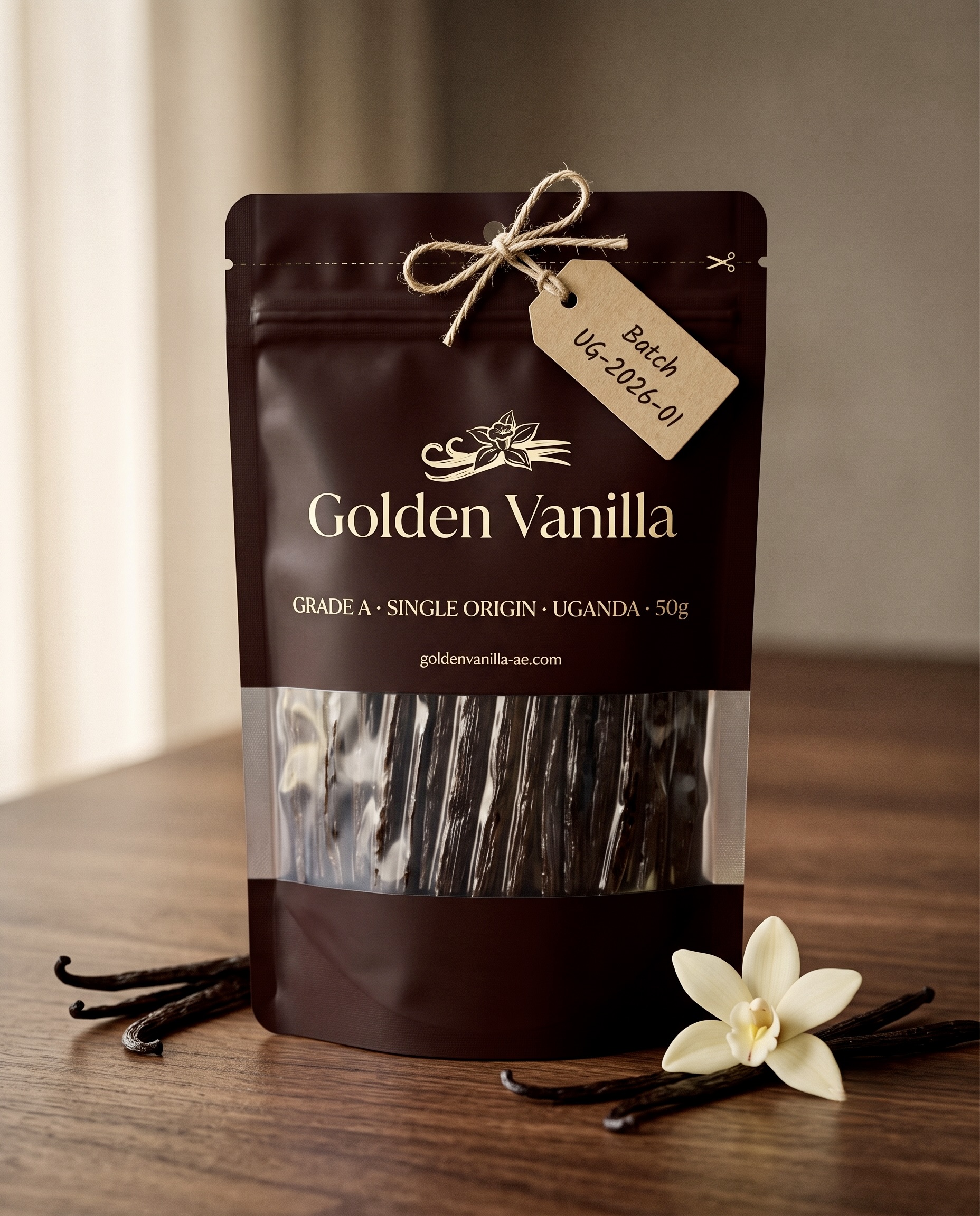 Golden Vanilla 50g resealable pouch of Grade A Ugandan vanilla beans, batch UG-2026-01